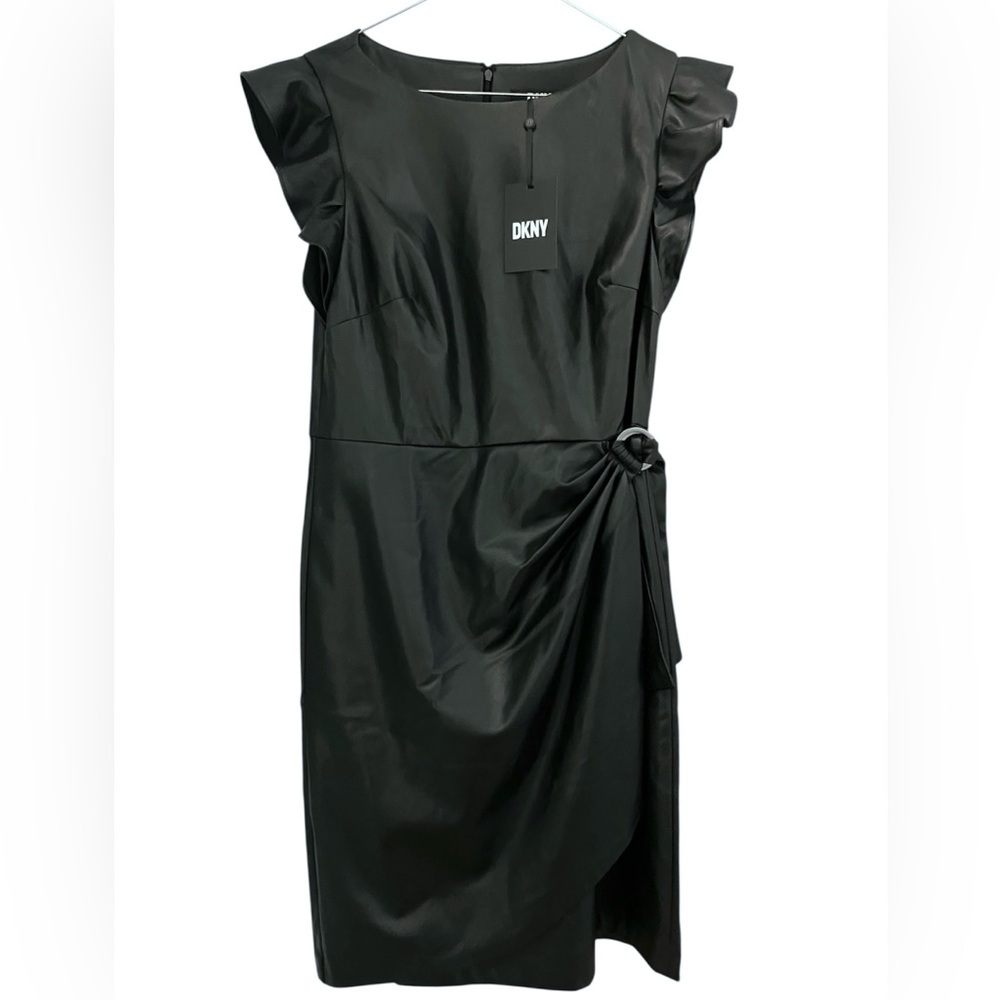 DKNY Faux Leather Black Dress with Ruffle Sleeves & Side Drape - NWT Size 4